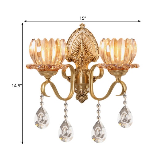 Petal Wall Mount Amber Glass Bedroom Lighting With Crystal Deco - Modern Design In Brass