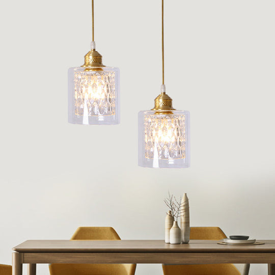 Contemporary Brass Cylinder Pendant Light With Double Clear Glass Shade