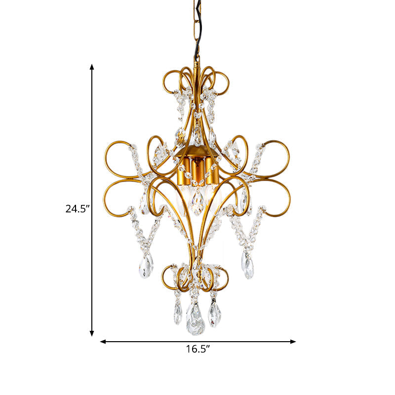 Modern Gold Arm Frame Chandelier With Glass Strand - 3 Lights