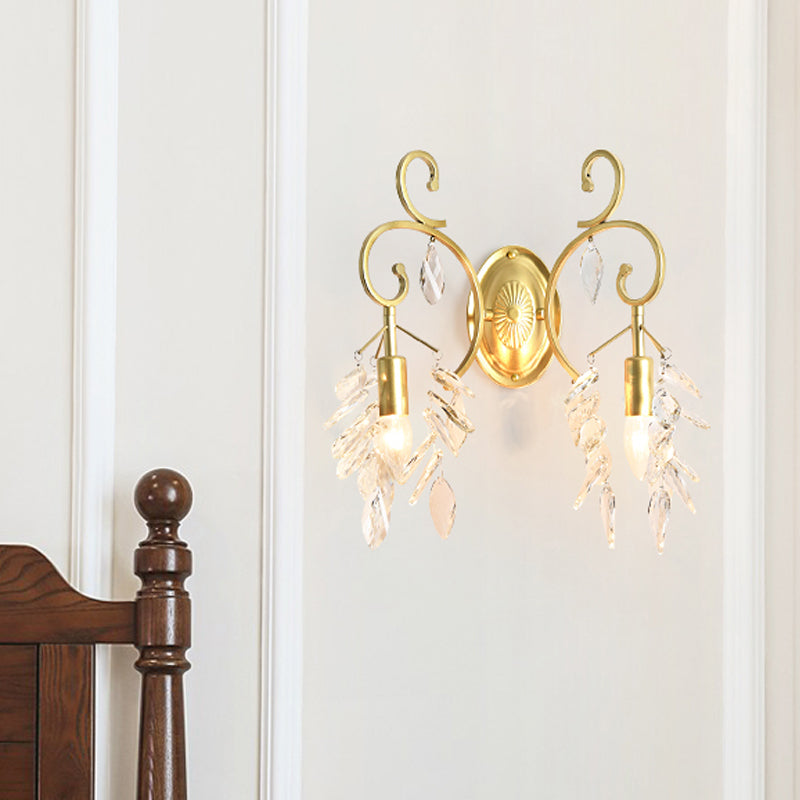 Postmodern Gold Curve Arm Sconce Light Fixture With Crystal Drip - 2 Wall-Mount