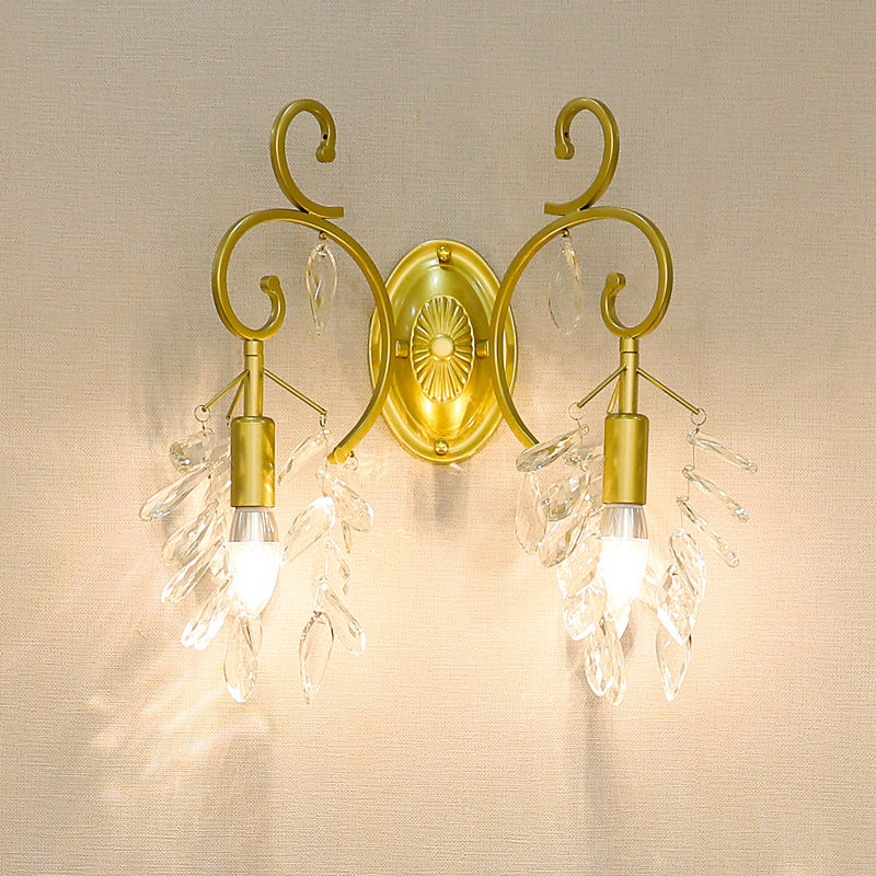 Postmodern Gold Curve Arm Sconce Light Fixture With Crystal Drip - 2 Wall-Mount