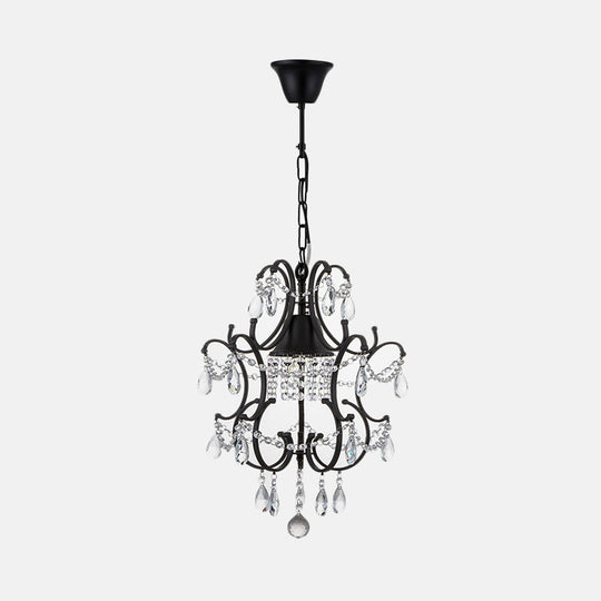 Vintage Iron Frame Lantern Pendant - 1 Light Black Ceiling Fixture With Crystal Accent