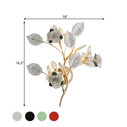 Ceramic And Crystal Branch Wall Lamp With 3 Bulbs Rose/Leaf Design In Black/White For Bedroom Sconce