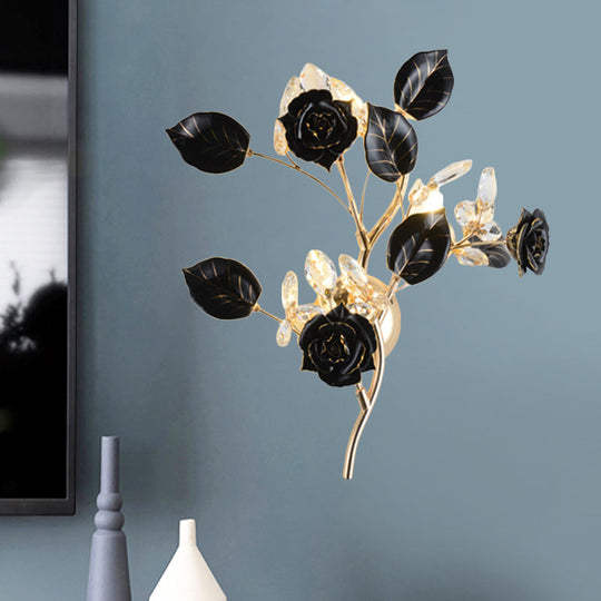 Ceramic And Crystal Branch Wall Lamp With 3 Bulbs Rose/Leaf Design In Black/White For Bedroom Sconce