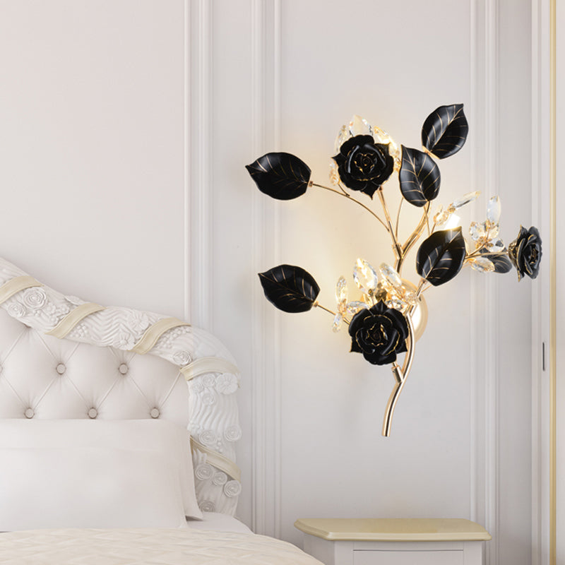 Ceramic And Crystal Branch Wall Lamp With 3 Bulbs Rose/Leaf Design In Black/White For Bedroom Sconce