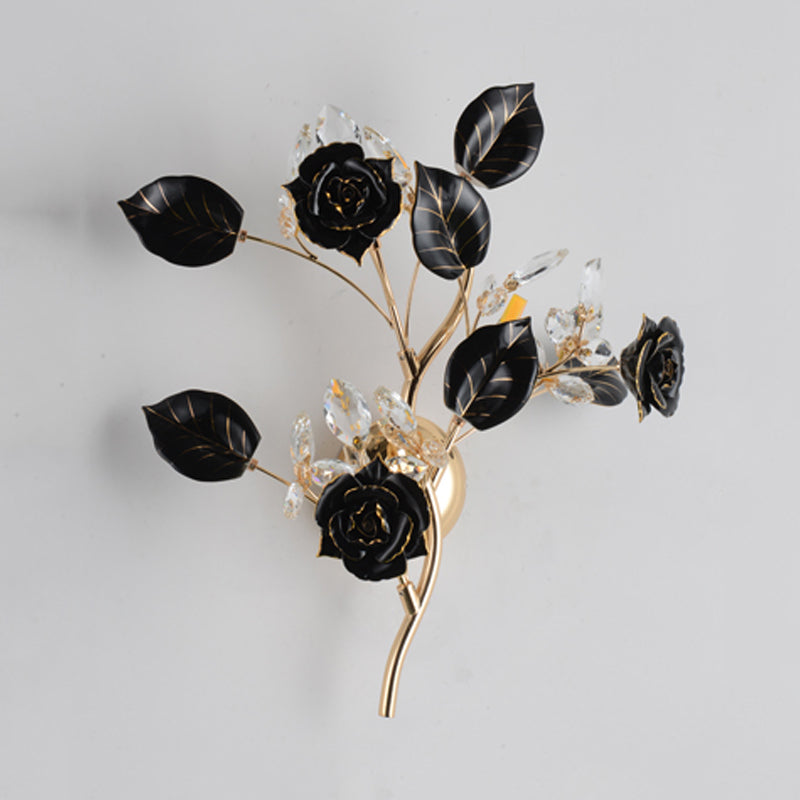 Ceramic And Crystal Branch Wall Lamp With 3 Bulbs Rose/Leaf Design In Black/White For Bedroom Sconce