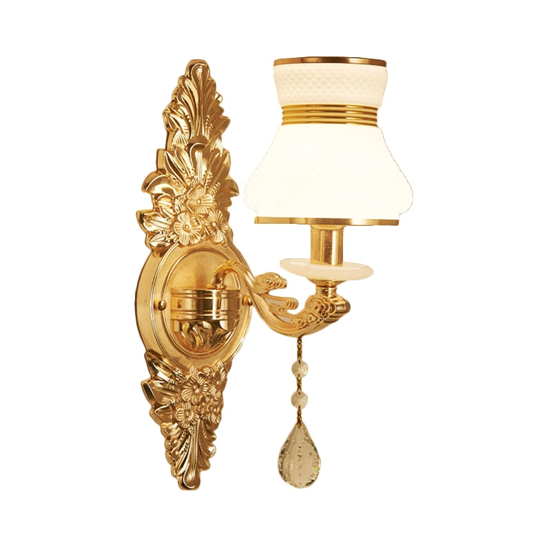 Modern Frosted Glass Bell Shade Wall Sconce With Gold Carved Backplate