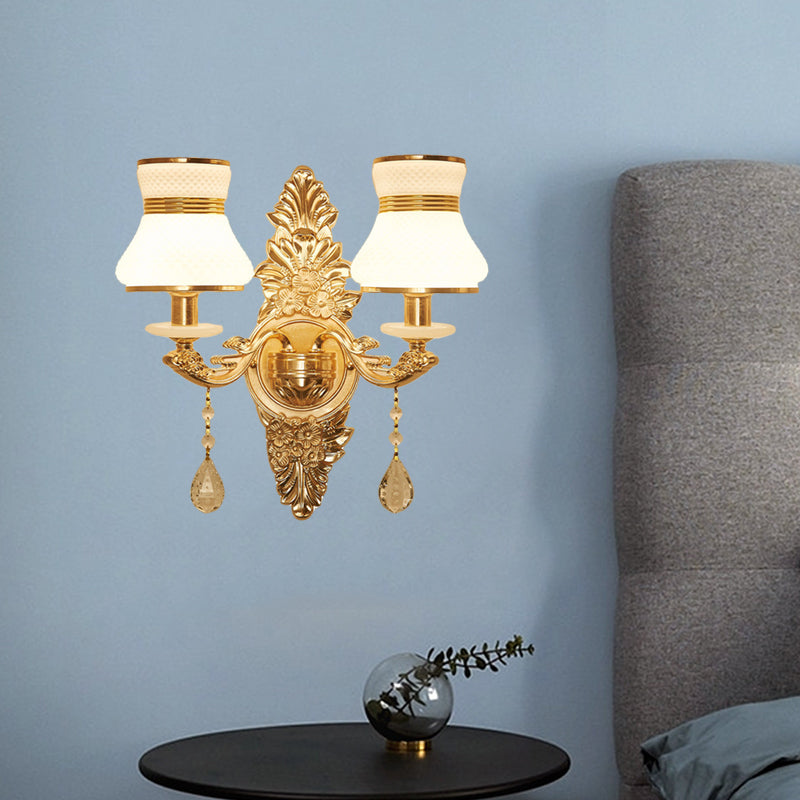 Modern Frosted Glass Bell Shade Wall Sconce With Gold Carved Backplate