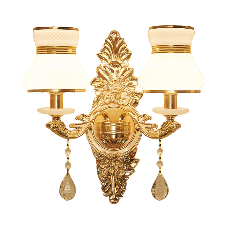 Modern Frosted Glass Bell Shade Wall Sconce With Gold Carved Backplate