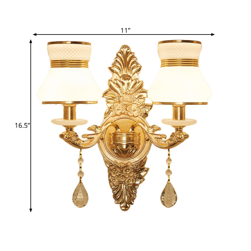 Modern Frosted Glass Bell Shade Wall Sconce With Gold Carved Backplate