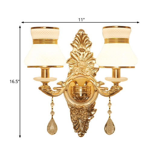 Modern Frosted Glass Bell Shade Wall Sconce With Gold Carved Backplate
