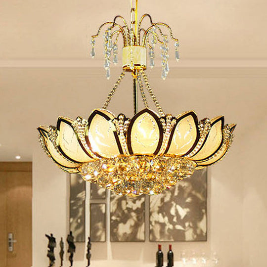 Modern Lotus Crystal Ceiling Light With 6 Lights In Gold - Ideal For Dining Rooms