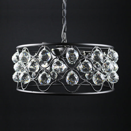 Vintage Metal & Crystal Drum Chandelier - 3-Light Black Ceiling Fixture For Living Room