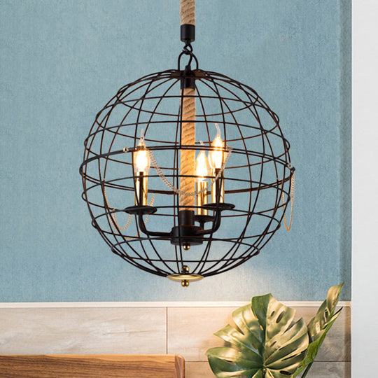 Traditional Black Metal Pendant Chandelier With Globe Cage - 3/4 Lights Ideal For Living Room