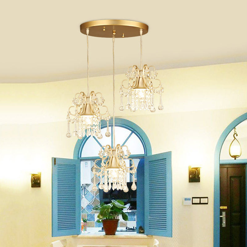 Golden Flared Semi Flush Mount Traditional 3-Light Dining Room Ceiling Fixture With Crystal Draping