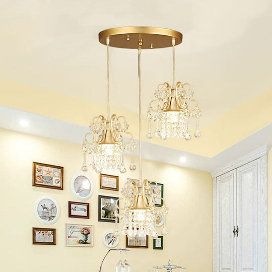 Golden Flared Semi Flush Mount Traditional 3-Light Dining Room Ceiling Fixture With Crystal Draping
