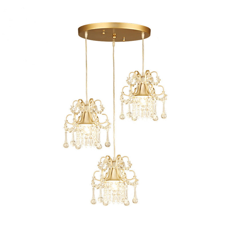 Golden Flared Semi Flush Mount Traditional 3-Light Dining Room Ceiling Fixture With Crystal Draping