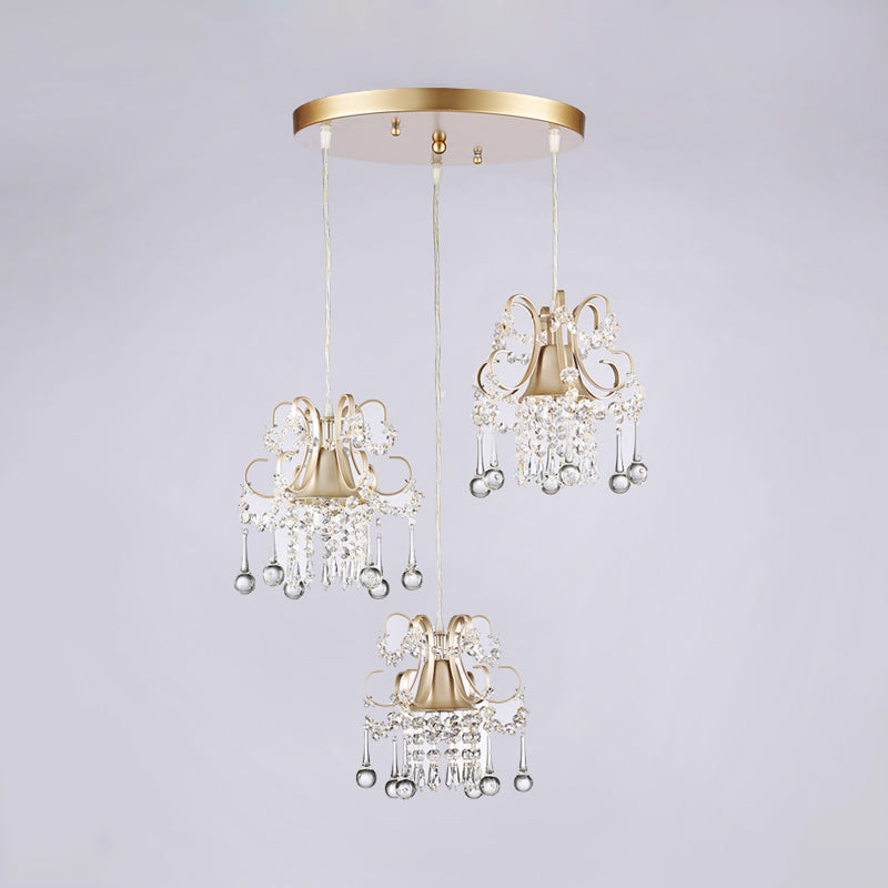 Golden Flared Semi Flush Mount Traditional 3 - Light Dining Room Ceiling Fixture With Crystal