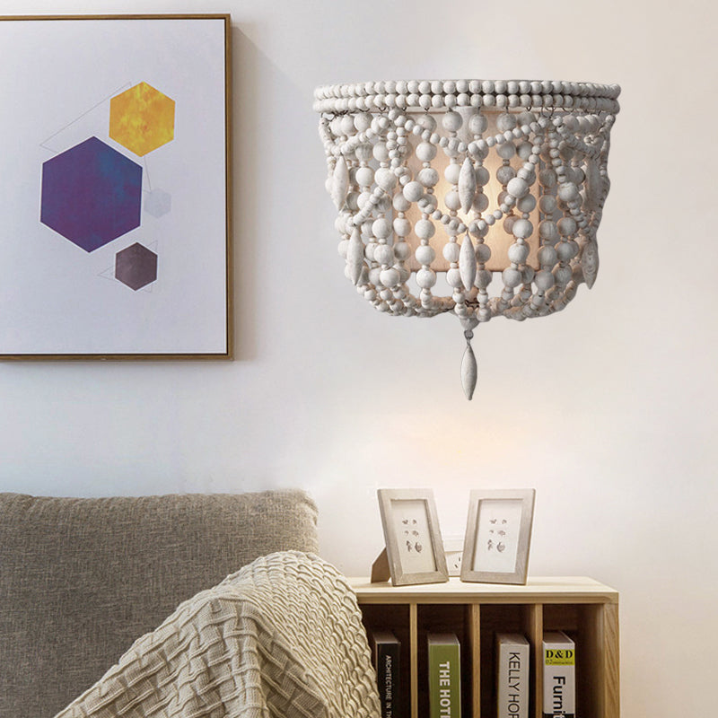 Vintage Wood Wall Mount Sconce Light - White Beaded 1-Light Fixture For Living Room