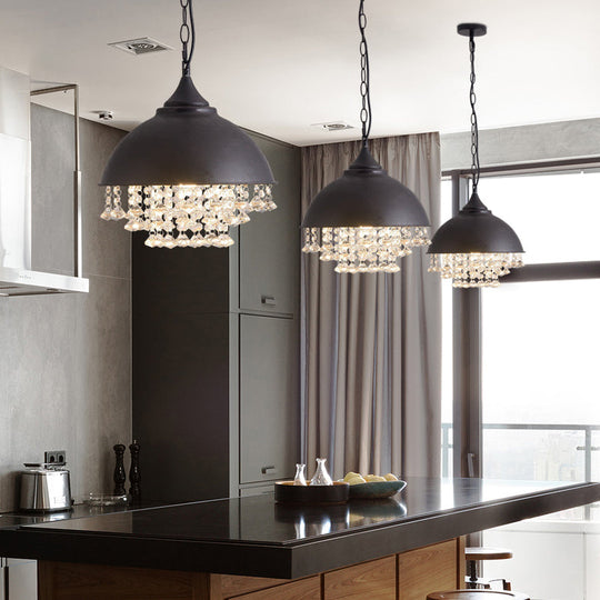 Industrial Dome Pendant Light With Crystal Bead Black/Chrome Metal Hanging Fixture Black