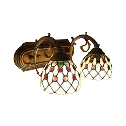 Classic Tiffany Domed Wall Sconce Lamp In Red/Yellow For Hotel With Stained Glass And 2 Bead Heads