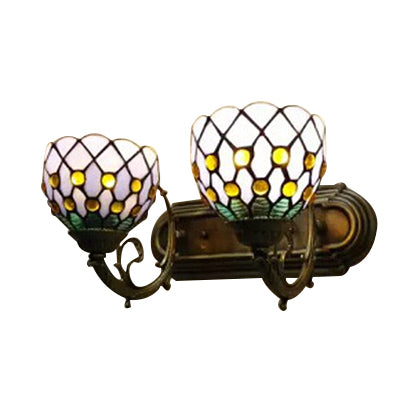 Classic Tiffany Domed Wall Sconce Lamp In Red/Yellow For Hotel With Stained Glass And 2 Bead Heads