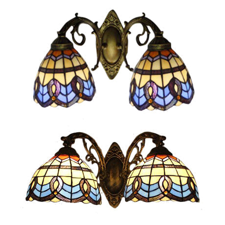 Baroque Stained Glass Wall Sconce With 2 Tiffany Style Beige Heads - Bedroom Décor