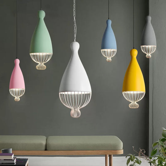 Teardrop Metal Hanging Lamp With Cage Shade - 1 Head Kitchen Pendant Light In Grey/Pink Macaron