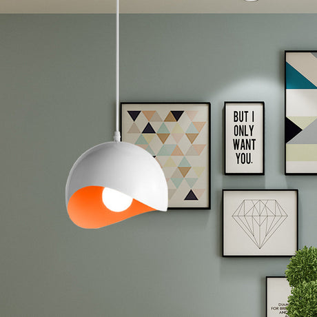 Modern Metal Dome Ceiling Light With Adjustable Height - Inner Pink/Yellow 1-Bulb Fixture 8/12 Width