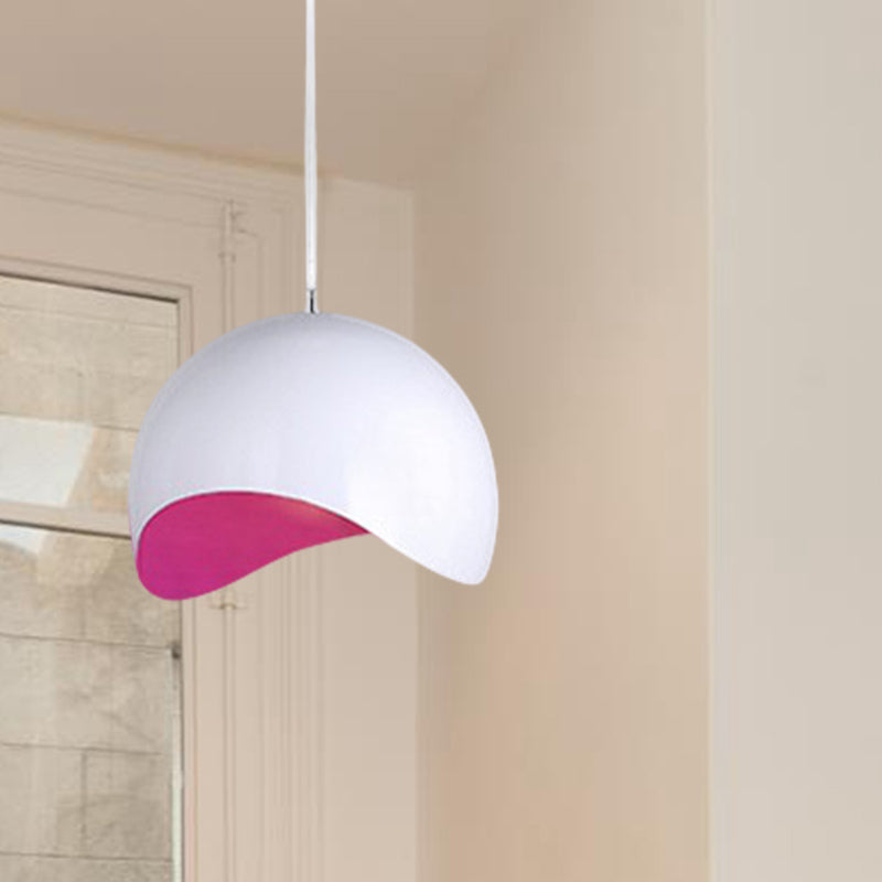 Modern Metal Dome Ceiling Light With Adjustable Height - Inner Pink/Yellow 1-Bulb Fixture 8/12 Width