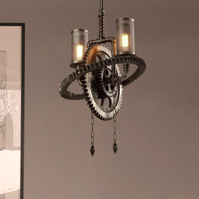 Rustic Wrought Iron Bronze Chandelier With Gear-Inspired Design - 2 Lights And Cylinder Mesh Shade