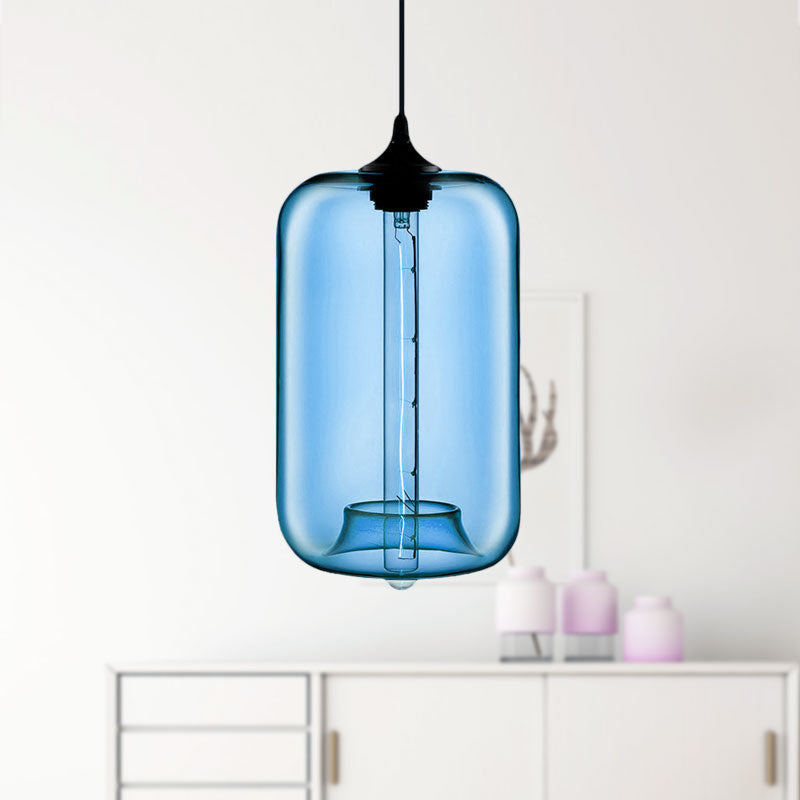 Contemporary Cylinder Glass Hanging Lamp - 1 Light Red/Brown/Blue Ceiling
