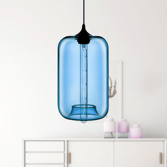 Contemporary Cylinder Glass Hanging Lamp - 1 Light Red/Brown/Blue Ceiling