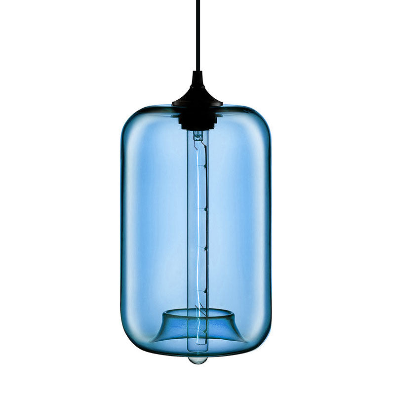 Contemporary Cylinder Glass Hanging Lamp - 1 Light Red/Brown/Blue Ceiling