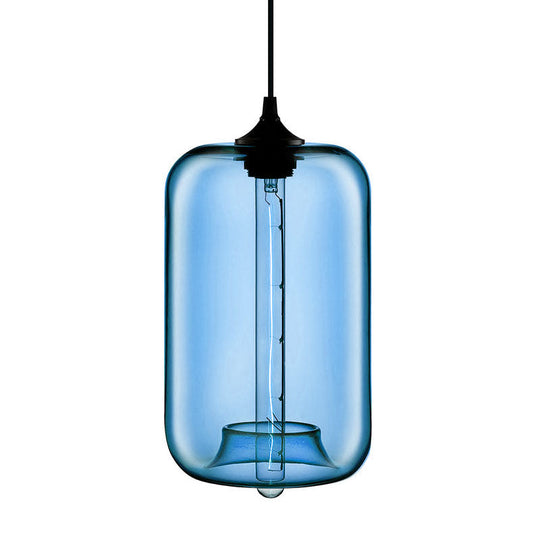 Contemporary Cylinder Glass Hanging Lamp - 1 Light Red/Brown/Blue Ceiling