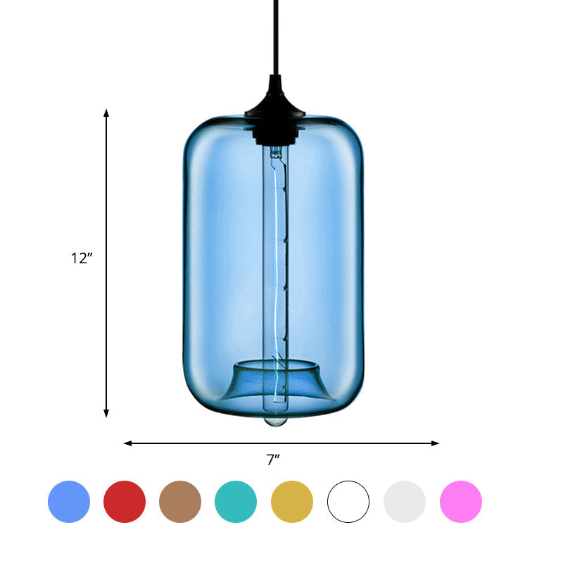 Contemporary Cylinder Glass Hanging Lamp - 1 Light Red/Brown/Blue Ceiling