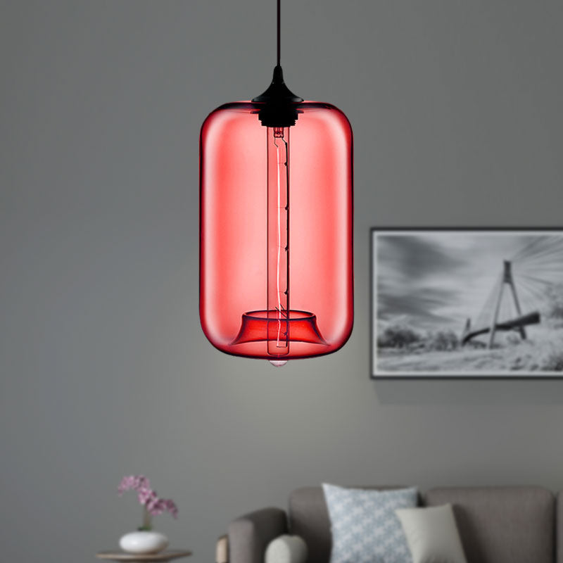 Contemporary Cylinder Glass Hanging Lamp - 1 Light Red/Brown/Blue Ceiling