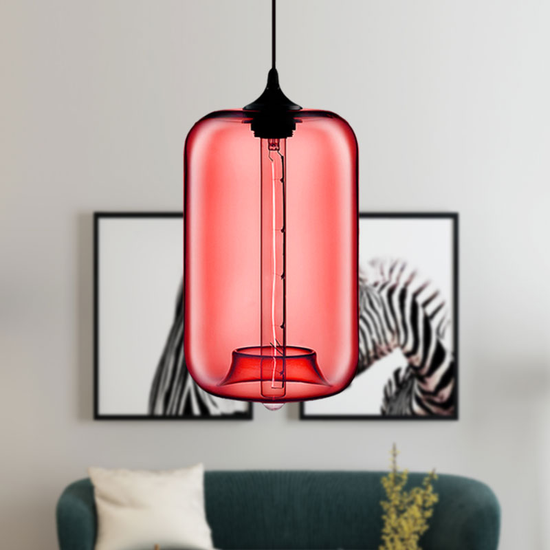 Contemporary Cylinder Glass Hanging Lamp - 1 Light Red/Brown/Blue Ceiling