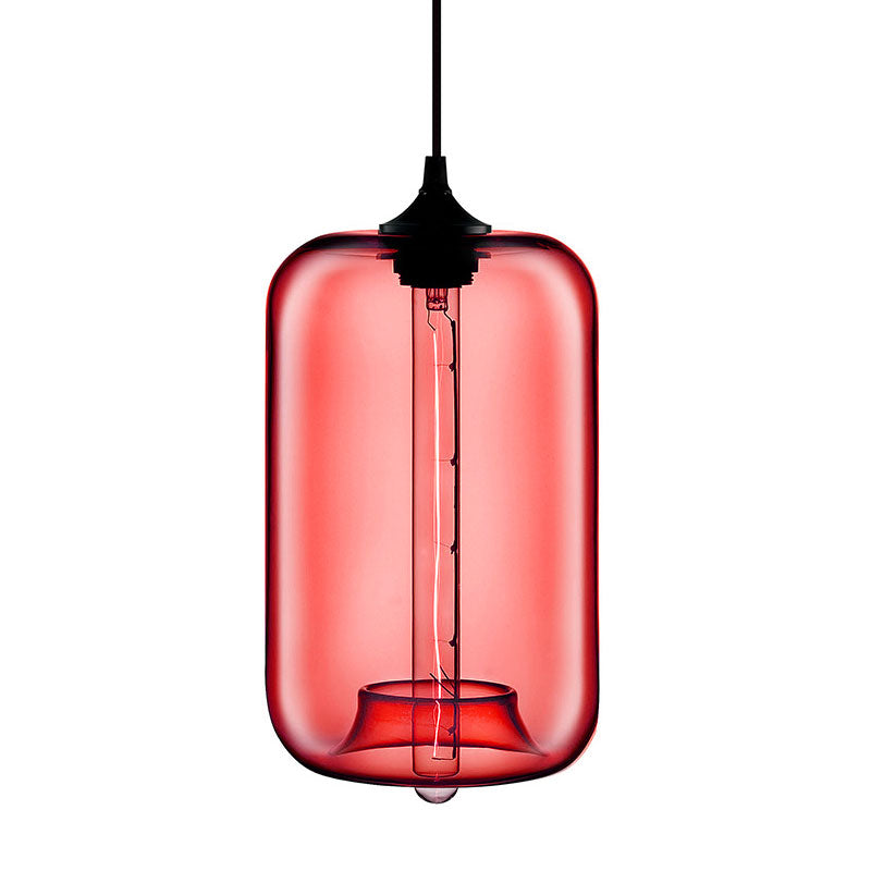 Contemporary Cylinder Glass Hanging Lamp - 1 Light Red/Brown/Blue Ceiling