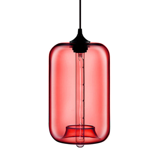 Contemporary Cylinder Glass Hanging Lamp - 1 Light Red/Brown/Blue Ceiling