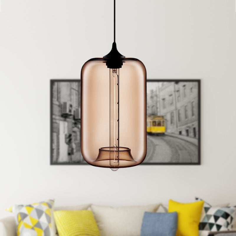 Contemporary 1-Light Hanging Lamp With Cylinder Glass Shade - Red/Brown/Blue Ceiling Light Brown
