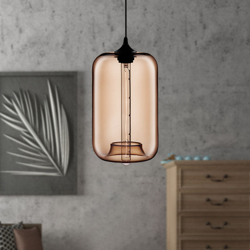 Contemporary Cylinder Glass Hanging Lamp - 1 Light Red/Brown/Blue Ceiling