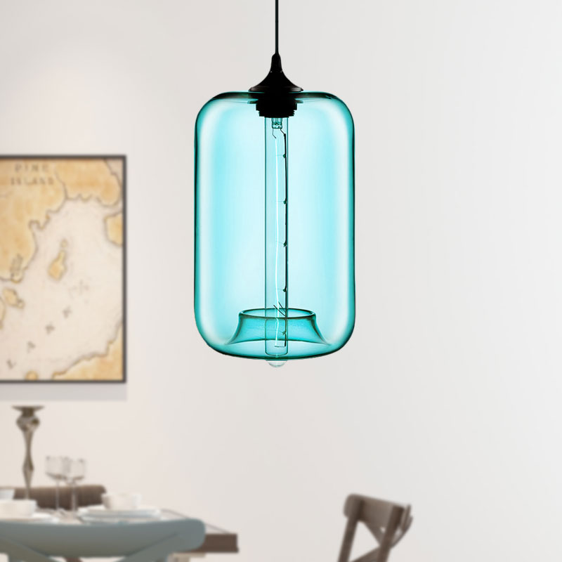 Contemporary 1-Light Hanging Lamp With Cylinder Glass Shade - Red/Brown/Blue Ceiling Light