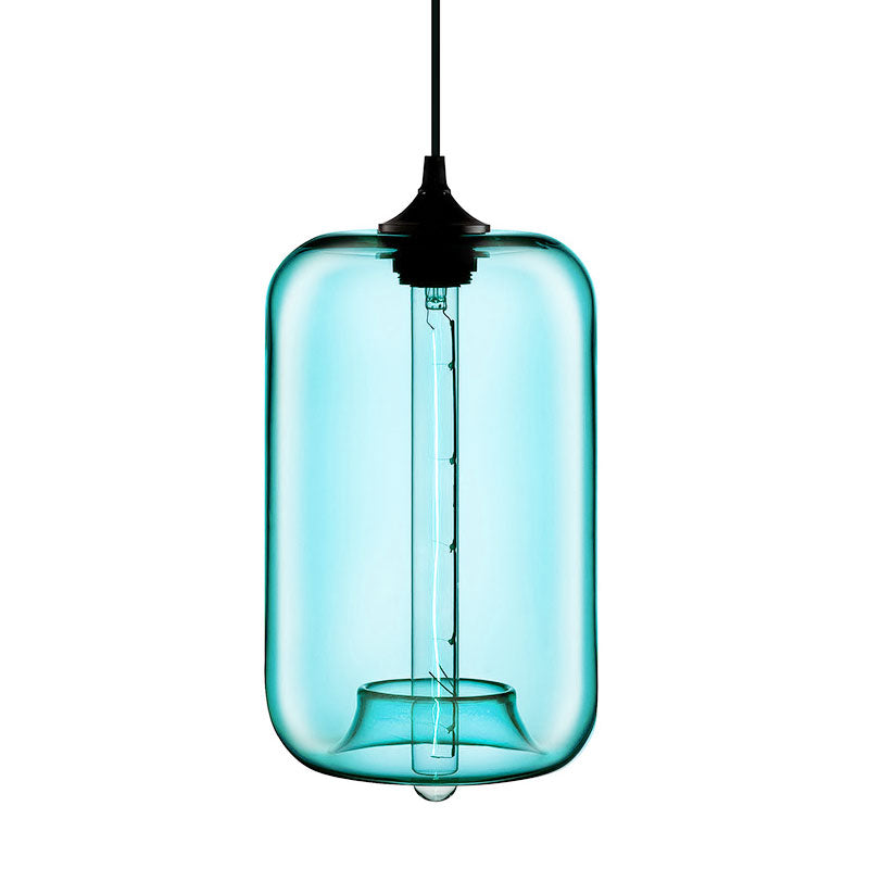 Contemporary Cylinder Glass Hanging Lamp - 1 Light Red/Brown/Blue Ceiling
