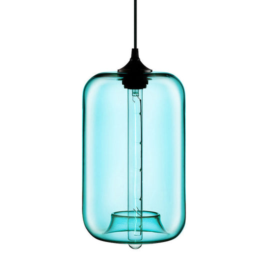 Contemporary 1-Light Hanging Lamp With Cylinder Glass Shade - Red/Brown/Blue Ceiling Light
