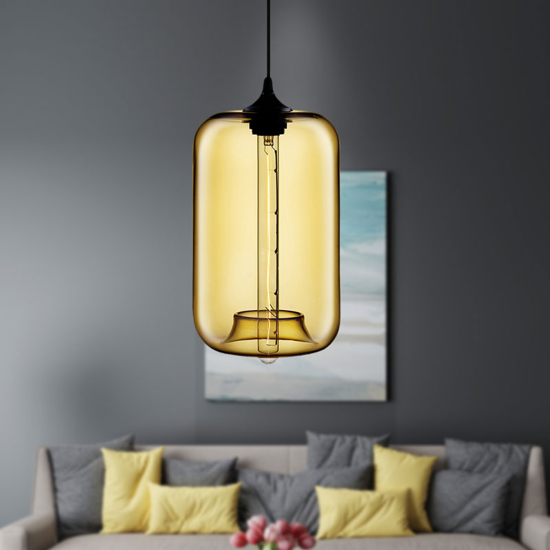 Contemporary Cylinder Glass Hanging Lamp - 1 Light Red/Brown/Blue Ceiling