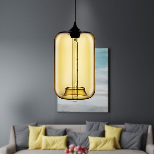 Contemporary Cylinder Glass Hanging Lamp - 1 Light Red/Brown/Blue Ceiling