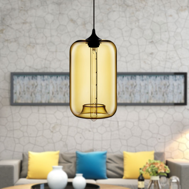 Contemporary Cylinder Glass Hanging Lamp - 1 Light Red/Brown/Blue Ceiling