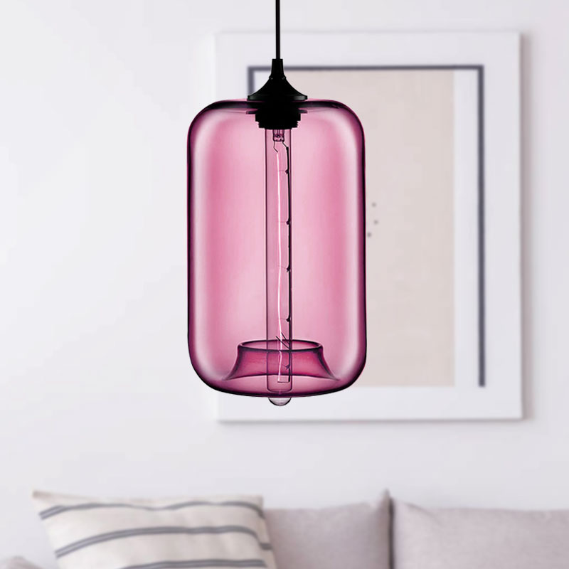 Contemporary 1-Light Hanging Lamp With Cylinder Glass Shade - Red/Brown/Blue Ceiling Light
