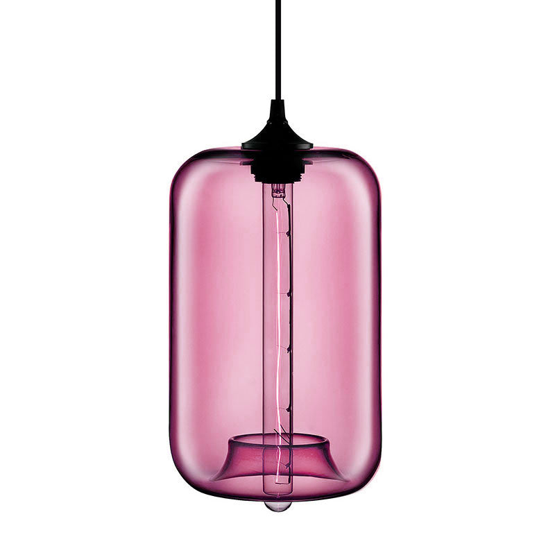 Contemporary Cylinder Glass Hanging Lamp - 1 Light Red/Brown/Blue Ceiling